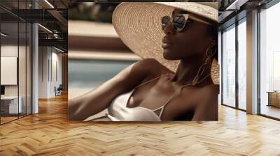 A beautiful black woman in a hat and sunglasses lies on a sun lounger by the pool. Photorealistic illustration generative AI. Wall mural