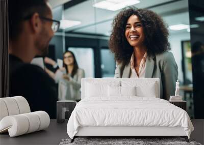 African American woman shaking hands with a man in business center. Photorealistic illustration of Generative AI. Wall mural