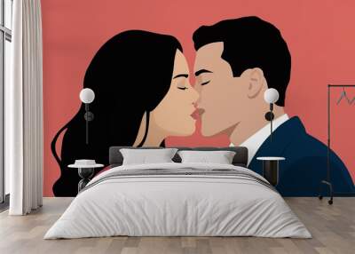 Illustration of a couple sharing a romantic kiss. Minimalist flat graphic style on a pink background. Concept of love and romance. Wall mural