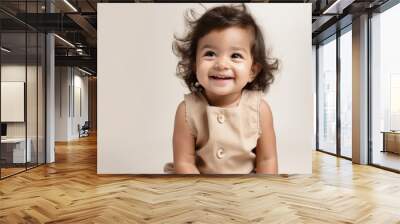 Portrait of a smiling Mexican toddler girl in front of a white background with copy space. Advertising template for children's products. Photorealistic illustration generative AI. Wall mural