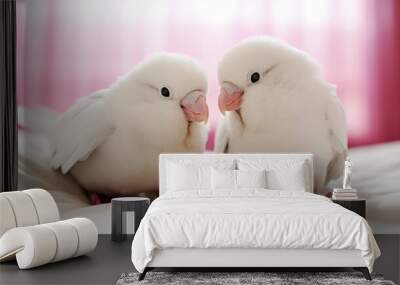 Two cute wavy white parrots. Photorealistic illustration of Generative AI. Wall mural