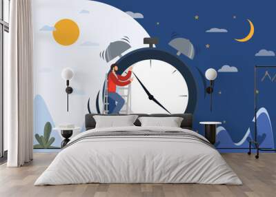 Person near clock, changing day and night circle, day and might routine, circadian rhythm, time for rest and work concepts, flat vector illustration Wall mural