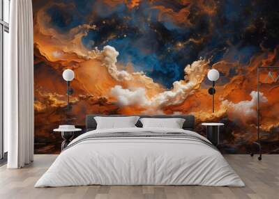 Ethereal Horizons: Abstract Orange and Blue Cloudscape Painting Wall mural