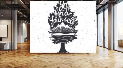  Black tree silhouette and mountains inside with quote - go find yourself Wall mural