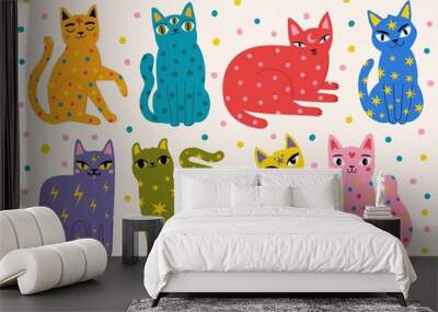 Vector illustration collection with trendy colored cats. Cute print designs, domestic animal set with abstract elements Wall mural