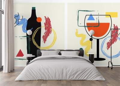 Vector illustration set with wine bottle, glass and abstract elements, geometric design. Colored poster, apparel print collection Wall mural