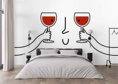 Vector illustration with smiling face and two hands with glasses of red wine. Funny print design, wall decoration poster Wall mural