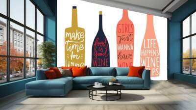 Vector set with bottles of wine and champagne with lettering and calligraphy quotes. Wall mural