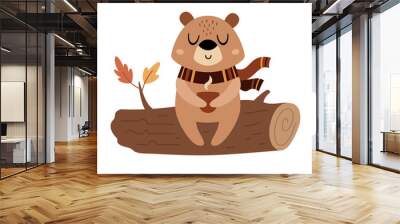 Cute bear clipart. Cozy autumn animal character. Fall animal clip art. Hand drawn vector illustration in flat style Wall mural