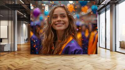 Celebratory Scene of Graduates in Elegant Gowns Amidst Festive Atmosphere Wall mural