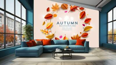 Autumn background with gold leaves circle decorate center space for shopping sale or promotion poster, leaflet, greeting card and festival invitation. Vector illustration. Wall mural