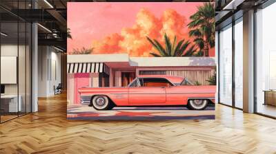 A classic pink car parked in front of a mid-century modern house, surrounded by palm trees, under a vibrant sunset sky. Wall mural