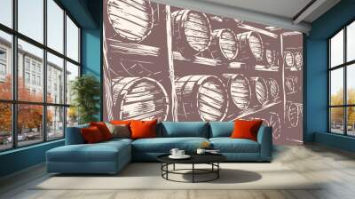 Cellar with oak wood barrels, vector illustration Wall mural