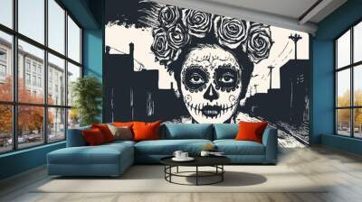 Dia de los muertos, Woman with skull make up and crown of flowers, Vector illustration Wall mural