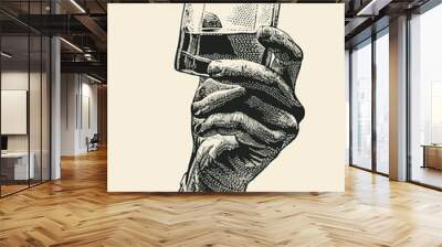 Male hand holding glass whiskey. hand drawn design element. engraving style. vector illustration Wall mural