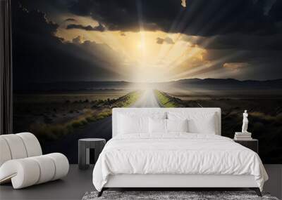 The road leads towards a bright destination.AI Generative Wall mural