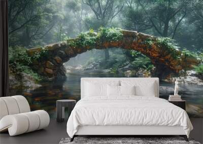 An old cracked stone bridge partially overtaken by jungle vegetation in a dense forest Wall mural