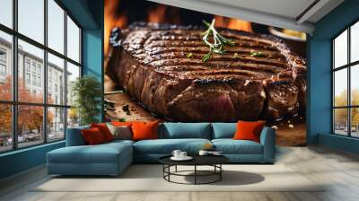 A steak on a cutting board with herbs and spices
 Wall mural