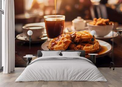 A table topped with a plate of chicken and waffles next to a cup of coffee and a glass of tea Wall mural