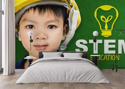 Asian boy with Engineer hat and STEM education logo Wall mural