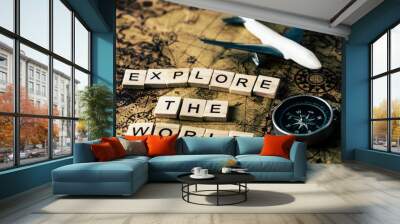 Explore the world concept on vintage map with compass and airplane Wall mural