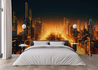 illuminated orange neon futuristic metaverse skyscraper city, for technology advertisement banner, g Wall mural