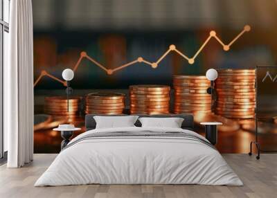 Stack of coin depicting marketing capital growth with data chart  Wall mural