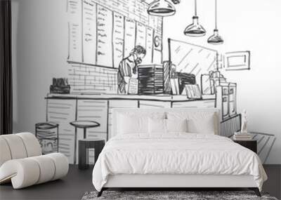 Sketch, Interior Design coffee and drink shop with barista on white blackground,illustration Wall mural