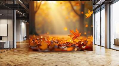 Autumn landscape falling maple leaves golden light soft Wall mural