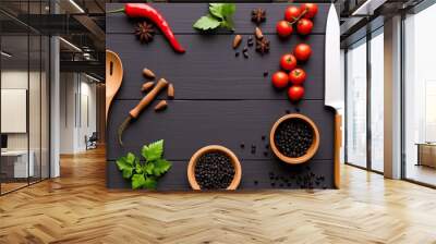 Dark wooden background, culinary flatlay, spices and herbs Wall mural