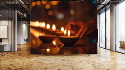 Diwali celebration, hands lighting clay diya lamps Wall mural