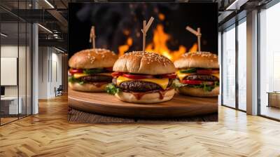 Juicy burgers, flame-grilled, sesame buns, fresh vegetables Wall mural