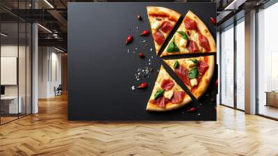 Pizza slices, prosciutto, arugula, dark background Wall mural