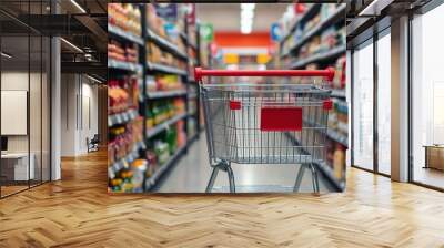 Shopping cart, grocery store aisle, consumer goods, blurred background Wall mural