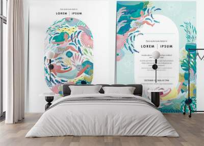  Vector illustration of a frame template design set with women swimming in a mysterious underwater world with various creatures. A cheerful and cool image for the summer season.  	 Wall mural