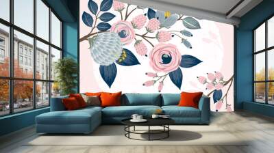 vector illustration of a beautiful floral border with spring flowers. light pink background Wall mural