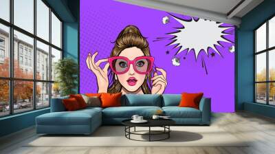 Surprised Sexy Girl with Open Mouth in Sunglasses in Cartoon Style Amazing Woman Saying Wow Pop Art Girl Shocked Face Wall mural