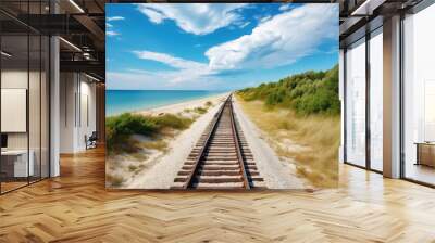 A railroad track along the beach and ocean on a sunny day. Train travel concept landscape background. Generative AI. Wall mural