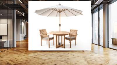 Cafe table with chair and parasol umbrella isolated on white background. Generative AI. Wall mural