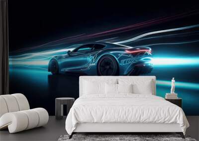 Futuristic Sports Car On Neon Highway. Powerful acceleration of a supercar with colorful lights trails. generative AI. Wall mural