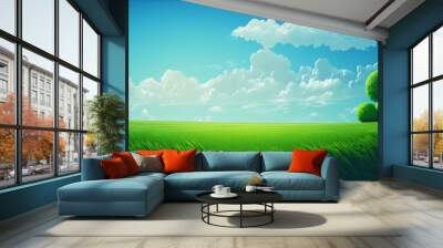 Green grass field and blue sky summer landscape background. Generative AI. Wall mural