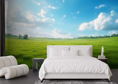 Green grass field on small hills and blue sky with clouds. Summer spring landscape background. Generative AI. Wall mural