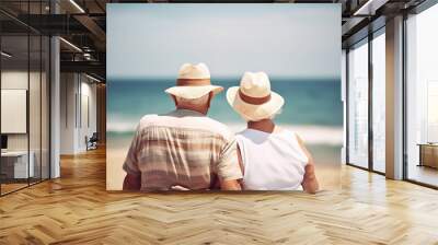 Relax senior couple on beach with blue sky, Retirment travel holiday healthy lifestyle Concept. Generative AI. Wall mural