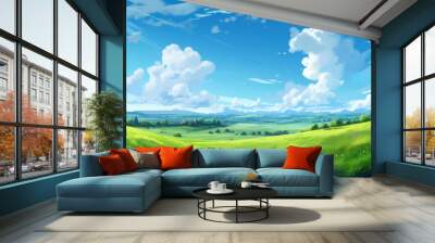 Summer fields, hills landscape, green grass, blue sky with clouds, flat style cartoon painting illustration. Generative AI. Wall mural