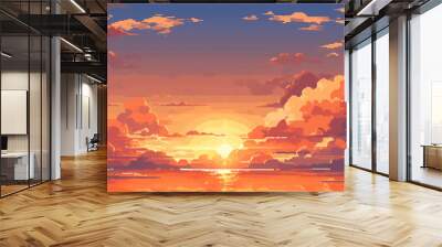 Sunset or sunrise in ocean, nature landscape background, pink clouds. Evening or morning view pixel art illustration. Wall mural