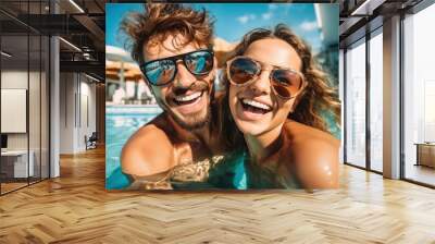 Young couple having fun in a swimming pool in hotel resort. Summer vacation. generative AI. Wall mural