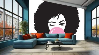 Black woman with afro hair blowing bubble gum vector illustration Wall mural