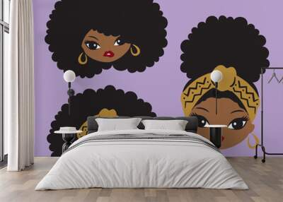 Cute African American black girl with natural afro hair and head wrap vector illustration. Wall mural