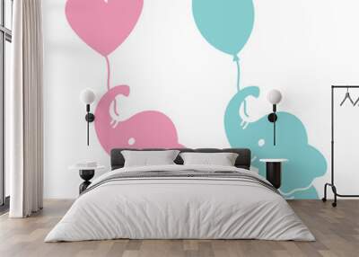 Cute baby elephants holding heart shape and oval balloons silhouette vector illustration. Wall mural