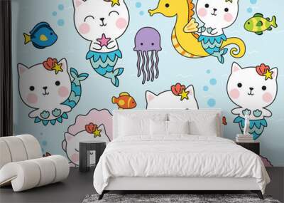 Cute cat mermaid character with fishes, seahorse, shell, and crab under the sea vector illustration. Wall mural